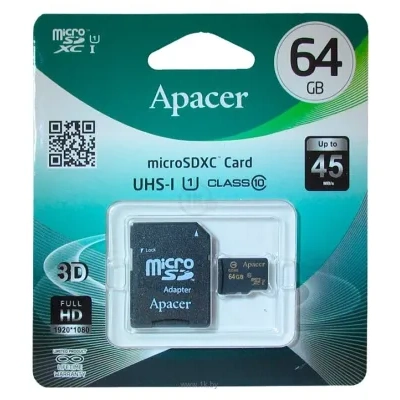 Apacer microSDXC Class 10 UHS-I U1 (R45 MB/s) 64GB + SD adapter