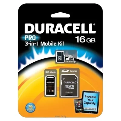 Duracell PRO microSDHC Class 10 16GB + SD adapter & USB Card Reader