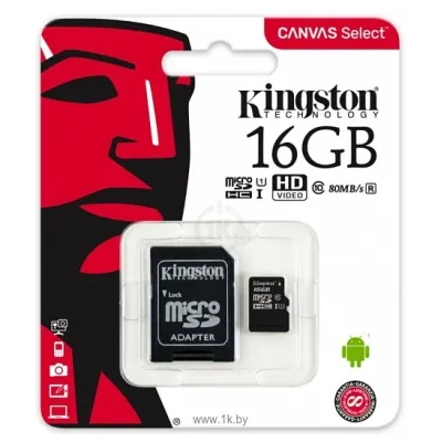 Kingston Canvas Select microSDHC Class 10 UHS-I U1 16GB + SD adapter (SDCS/16GB)